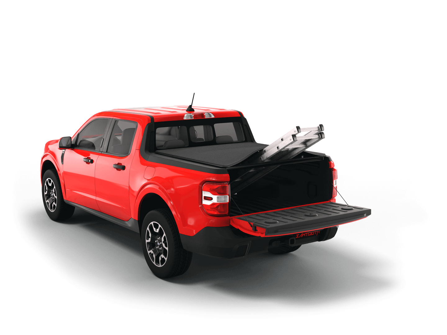 Red 2022 Ford Maverick with Sawtooth Stretch expandable tonneau cover rolled up at cab